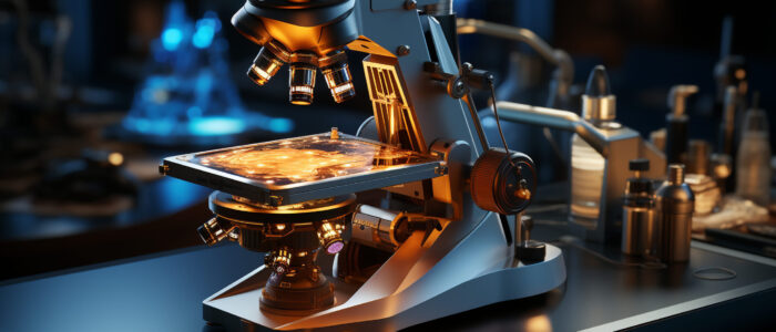 Scientist analyzing microscope, discovering close up biology in laboratory generated by AI